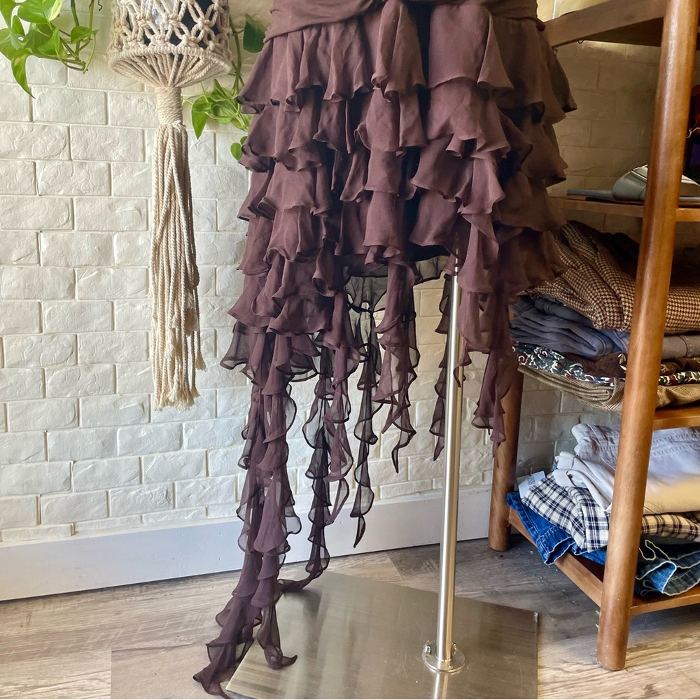 VTG Y2K BCBG MAXAZRIA Brown Ruched Halter Chiffon Ribbon Asymmetrical Dress - Picture 6 of 16